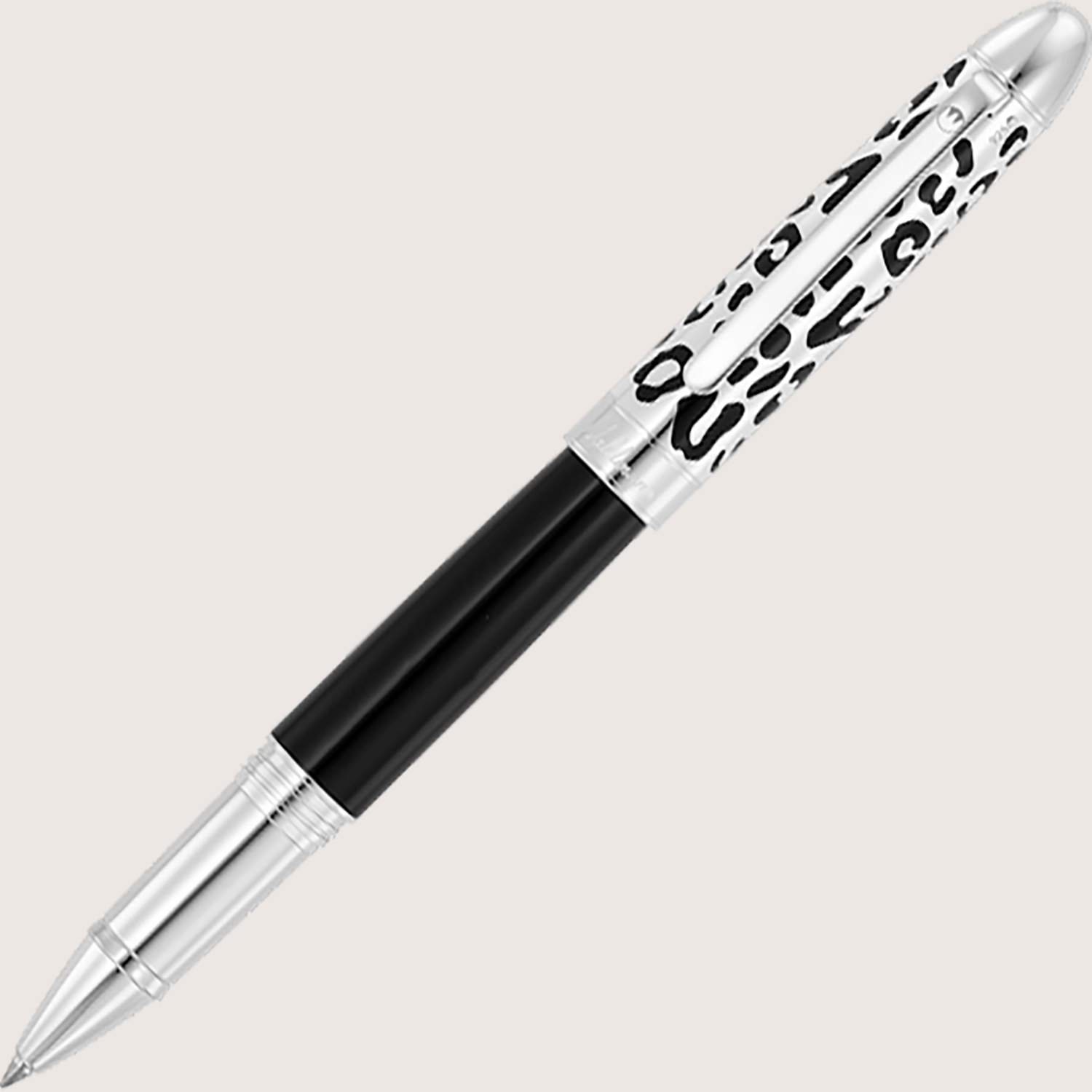LEOPARD Rollerball Lack Schwarz Silber hochglanzpoliert mit graviertem Leopardenmuster