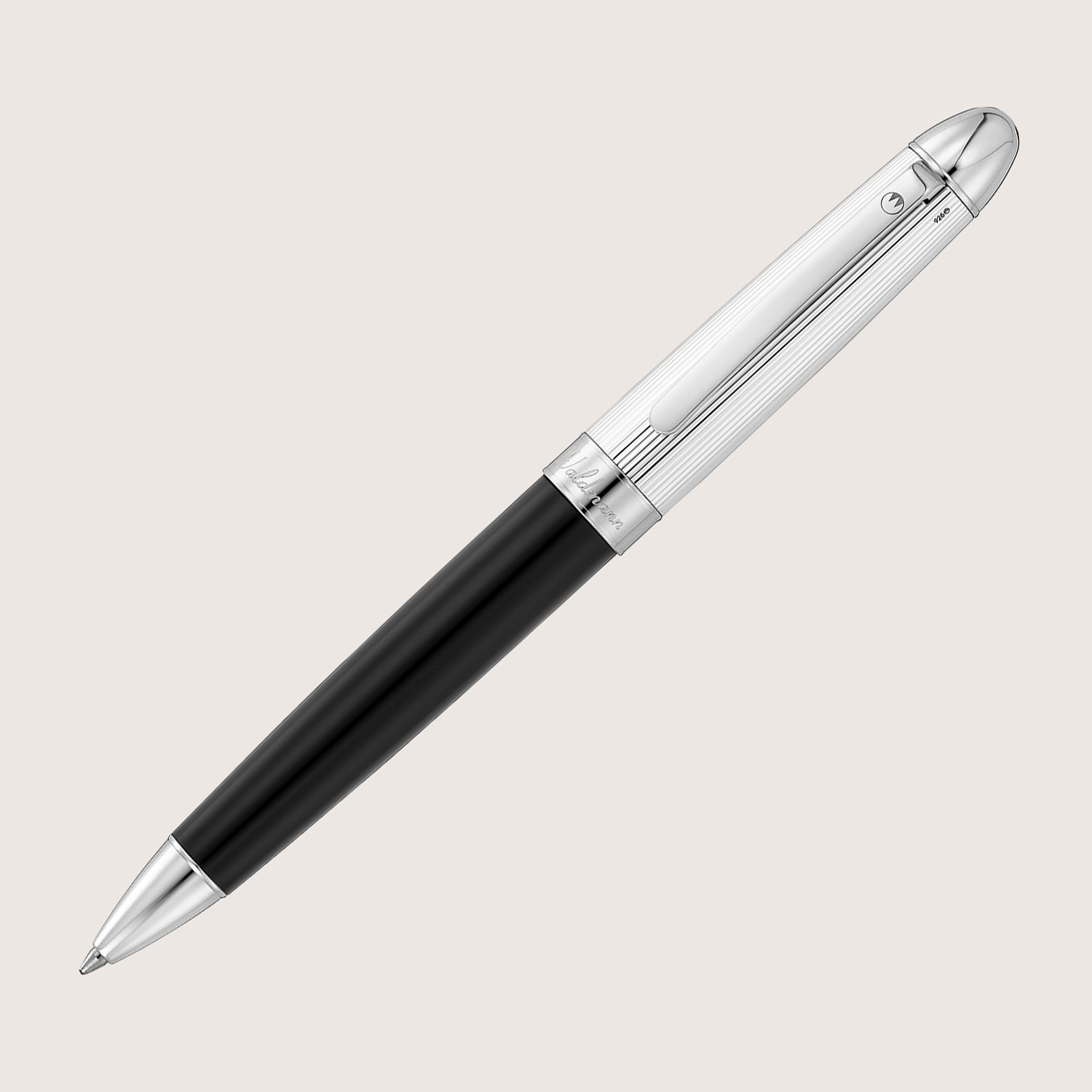PRECIEUX Kugelschreiber Lack Schwarz Silber hochglanzpoliert mit Linien-Design